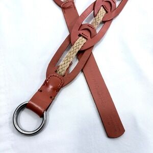 Linea Pelle Genuine Leather and Jute  Braided Belt Silver Ring Buckle Sz M Boho